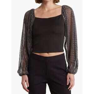 Wildfox Benicia Black Crop Top with Sheer Long Sleeves Size M NWT‎